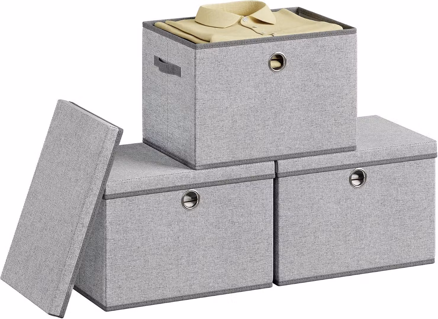 Contenitori con coperchio - Set da 3 - Pieghevoli - Impilabili - 43 x 30 x 30 cm - Grigio tortora