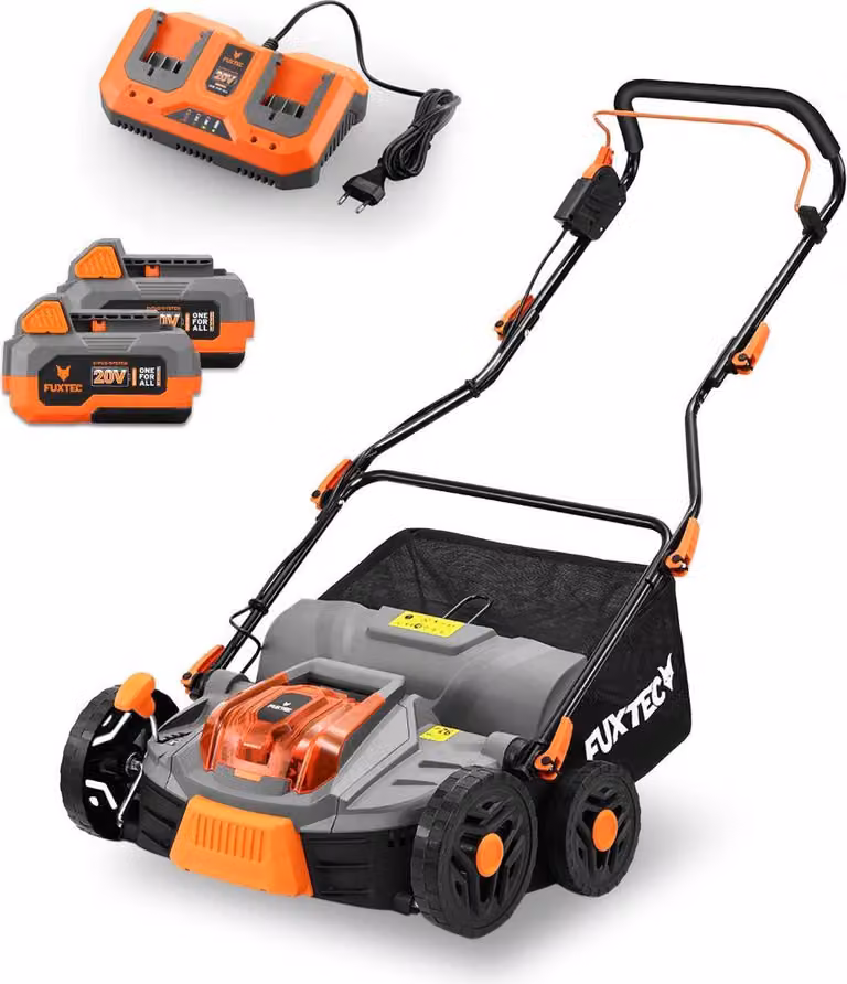 Arieggiatore a batteria FUXTEC 40V FX-E2VE38SET - 38cm di larghezza di taglio | 11Kg | 2x20V | 2in1 per scarificare e arieggiare | 45L di cesto per l'erba | altezza regolabile
