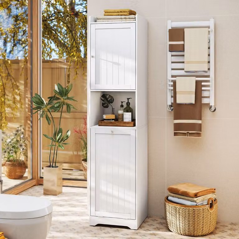Armadio da bagno e lavanderia autoportante Costway con ripiani regolabili e mensola aperta, Bianco