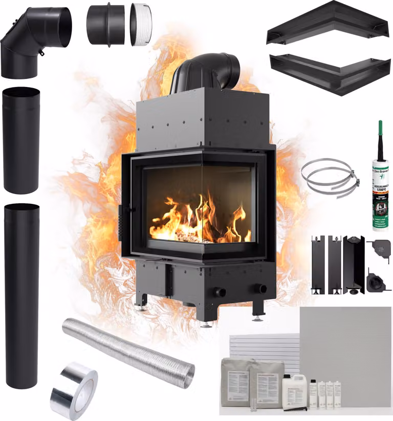 Inserto per caminetto KRATKI FLOKI S Right 8 kW Ø160 Set angolare nero per installazione