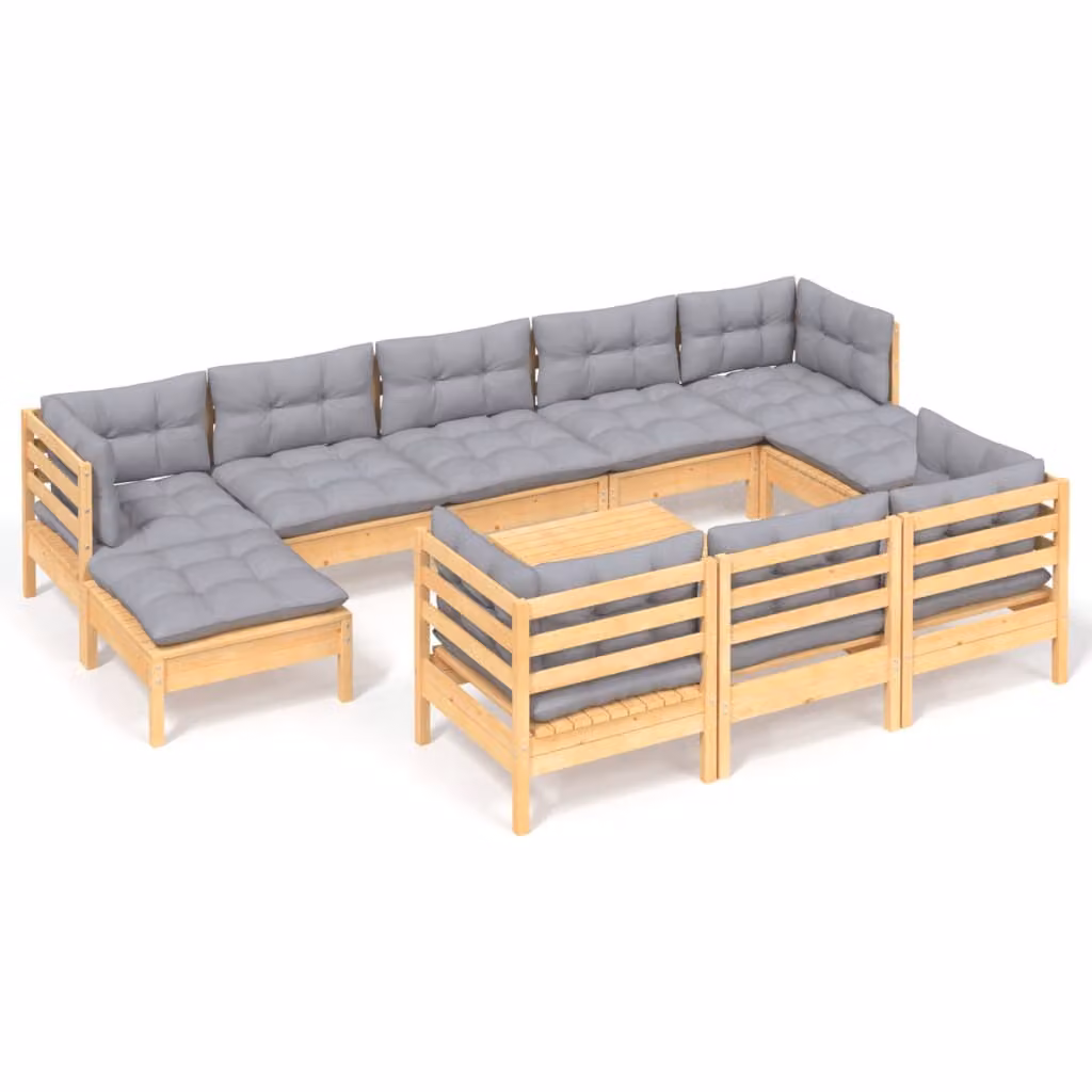 Set Divani da Giardino 11 pz con Cuscini Grigi Massello di Pino