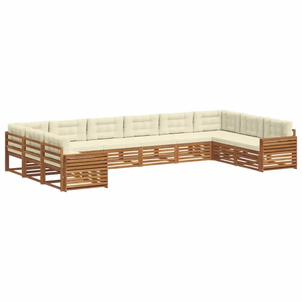 Set di divani da giardino a L vidaXL in legno di acacia massello con cuscini beige e bianchi – 2