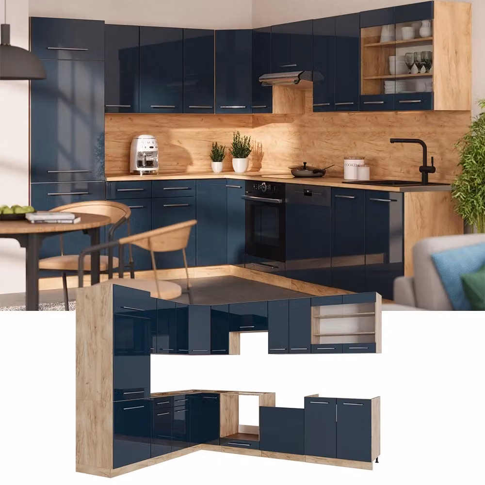 Cucina angolare completa Fame-Line Vicco Blu scuro lucido e Rovere dorato L: 287 cm, P: 227 cm – 2
