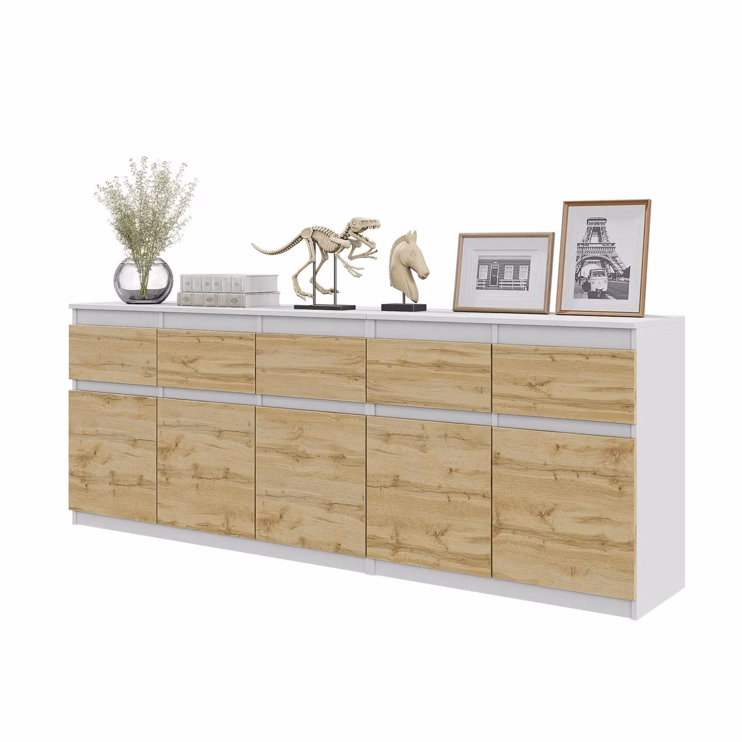 Set Di Due Cassettiere (120 + 80 Cm) Bianco Opaco / Rovere Wotan, 5 Cassetti, 5 Ante, 5 Ripiani