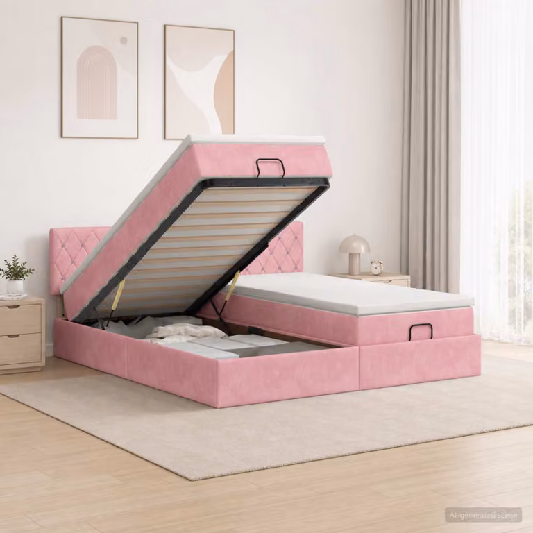 Letto Ottomano vidaXL con Materasso e Illuminazione LED in Velluto Rosa, L 160 x P 200 cm