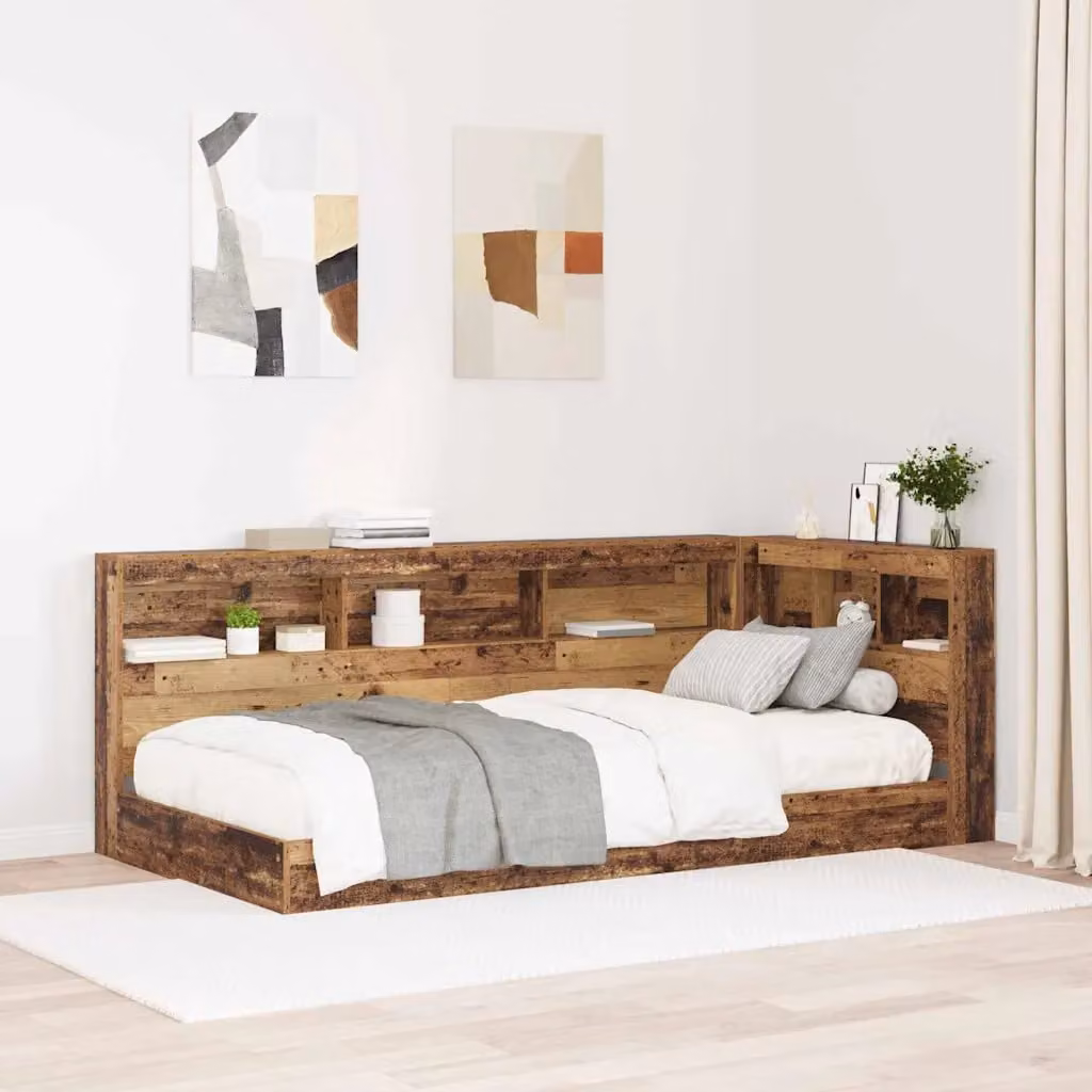 Testata letto con contenitore vidaXL in legno e metallo marrone con ripiano integrato e porta di ricarica USB L: 207.5 cm, P: 92.5 cm, H: 76.5 cm