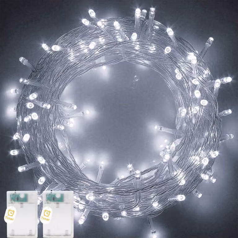 Catena luminosa a LED, 5 metri, 50 LED, luce bianca fredda, con timer, grado di protezione IP65, confezione da 2 pezzi