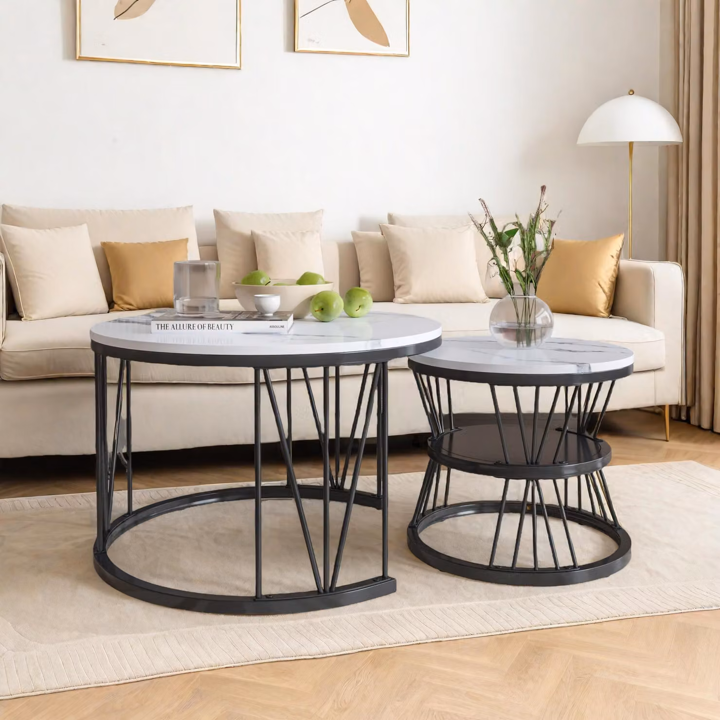 Tavolino Fortuna Lai 2 in 1 tavolini effetto marmo set di 2 tavolini con ripiano, Ø 70 x 45/Ø 45 x 40 cm, struttura in metallo, nero