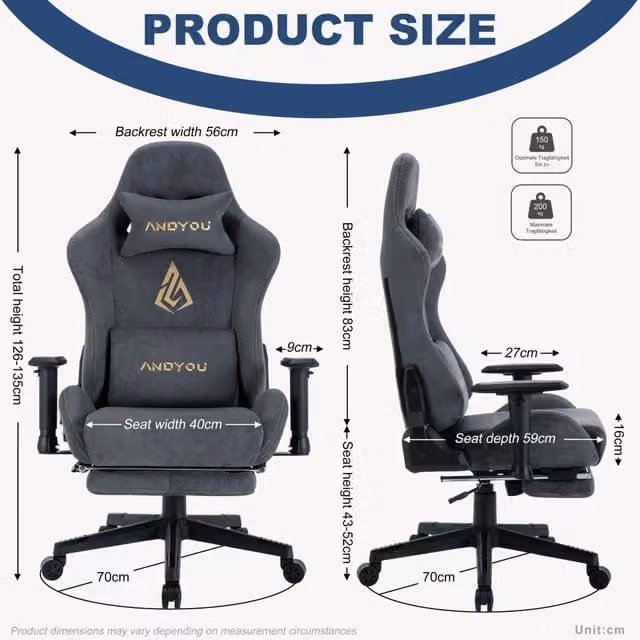 Sedia da Gaming ANDYOU Grigia con Poggiapiedi e Poggiatesta, Seduta Ergonomica Regolabile e Girevole in Tessuto per Casa e Ufficio