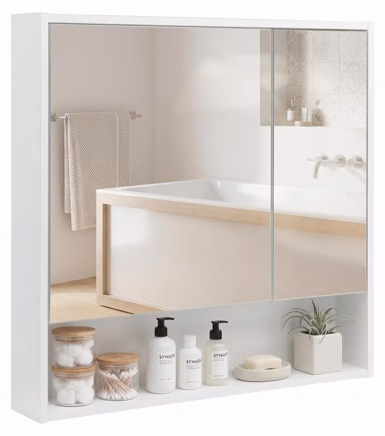 Mobile contenitore con specchio e ante doppie, larghezza 78 cm, con ripiano, adatto per bagno e toilette