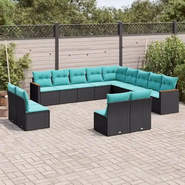Set di Divani da Giardino a L vidaXL in Polyrattan con Cuscini Blu e Turchese e Struttura in Metallo Nero