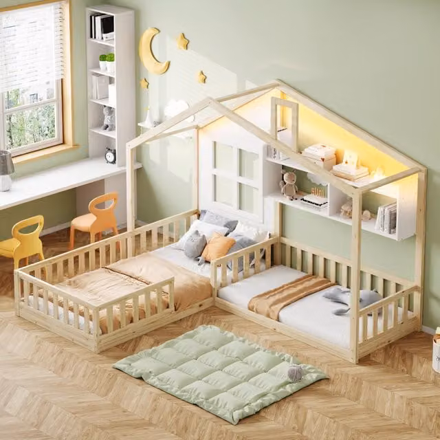 Letto per bambini 90 × 200 cm con LED, mensole e barriera di sicurezza, senza materasso, bianco e legno naturale