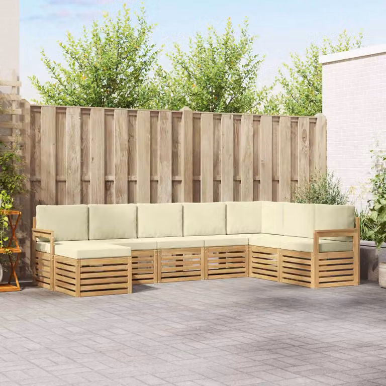 vidaXL Set di divani da esterno a L composto da 8 pezzi in legno di acacia con cuscini bianchi e beige