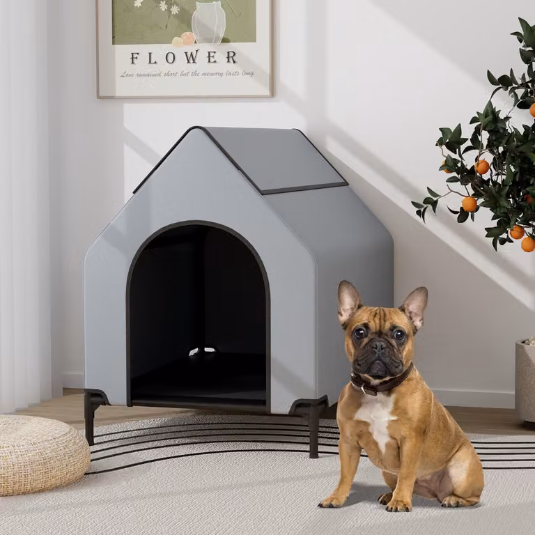 Cuccia rialzata per cani Costway con finestre ventilate e copertura rimovibile, Grigio, L 64 cm x P 91 cm x H 86 cm