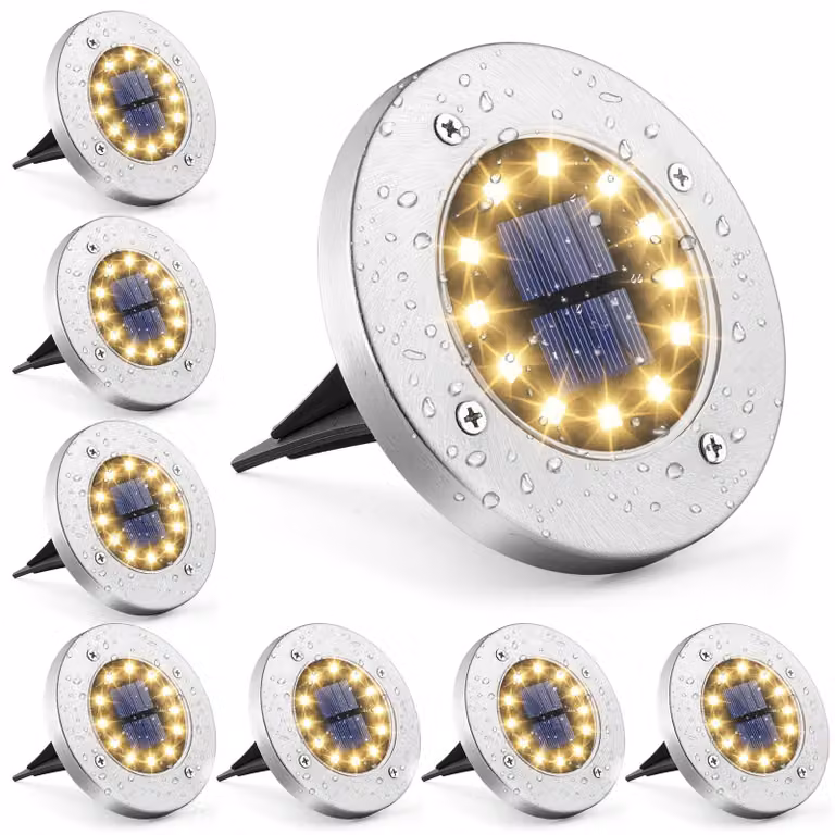 Luci da giardino solari, set di 8 pezzi, 12 LED, acciaio inossidabile, grado di protezione IP44, luce bianco caldo