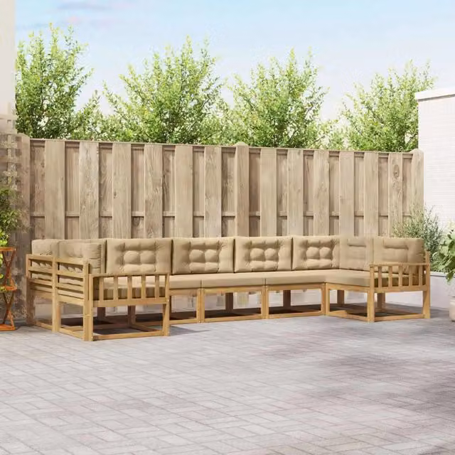 Set di divani da esterno a L vidaXL in legno di acacia con cuscini, Bianco e Beige – 1