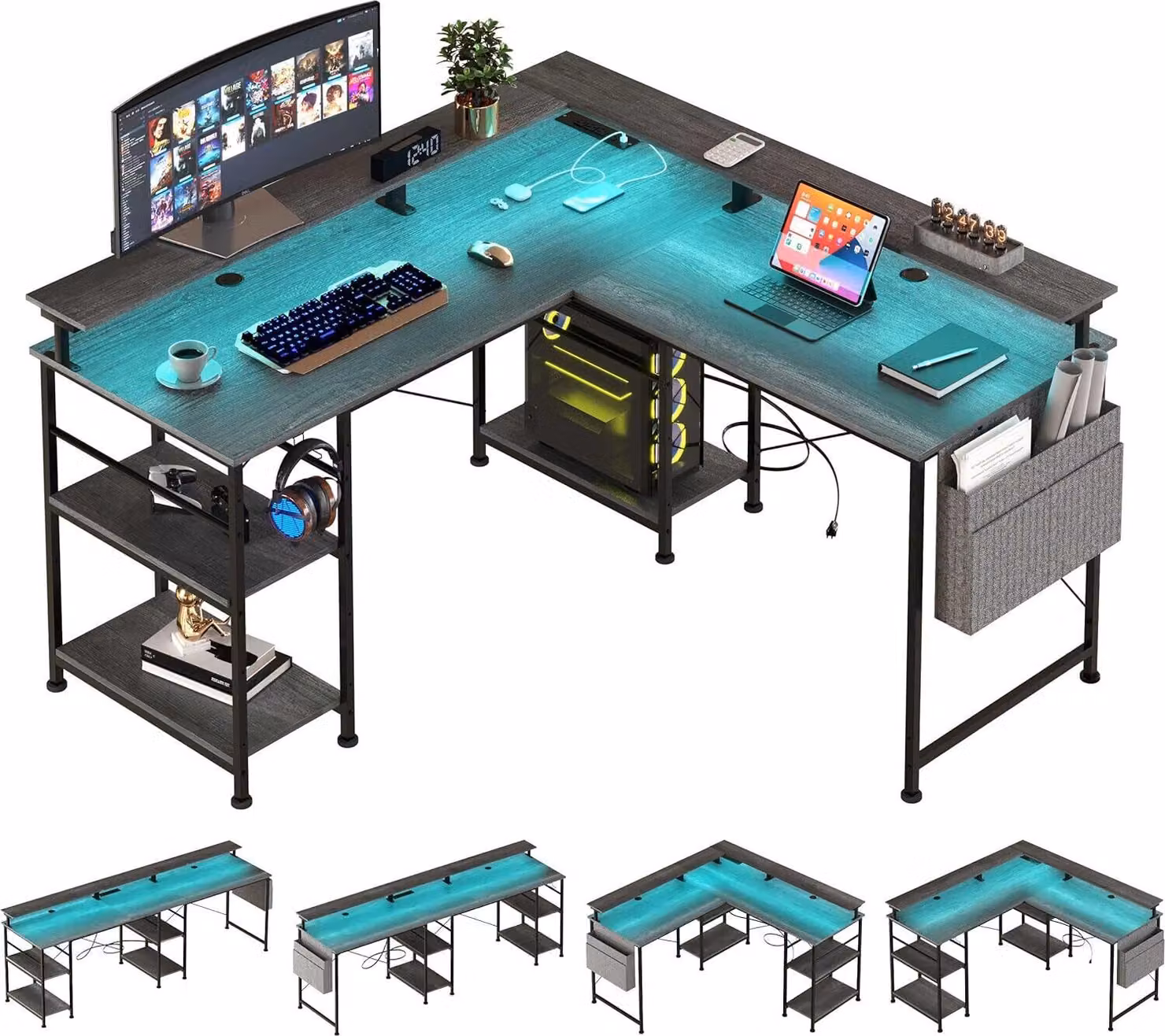 AIORBER Scrivania angolare a forma di L, 140x140x85 cm, scrivania per computer reversibile con presa elettrica e striscia LED scrivania da gaming nero