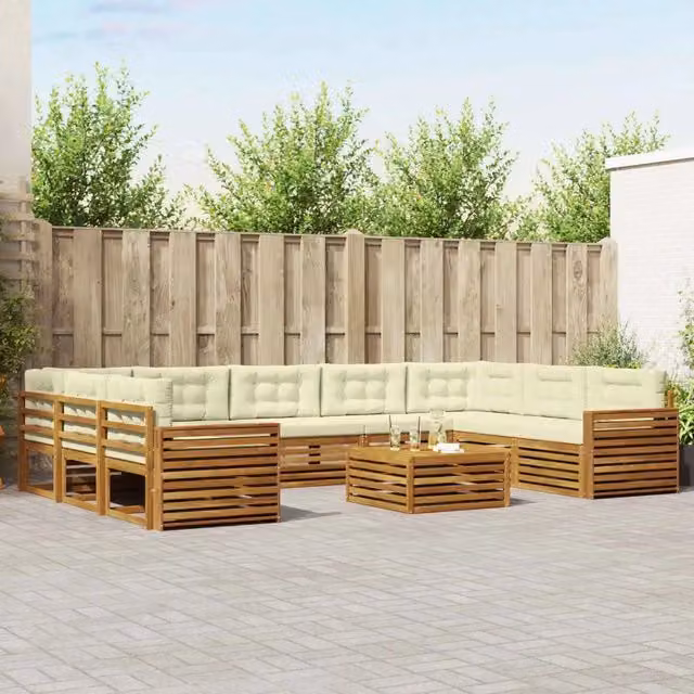 Set di divani da esterno a L vidaXL in legno di acacia con cuscini beige e bianco – 1