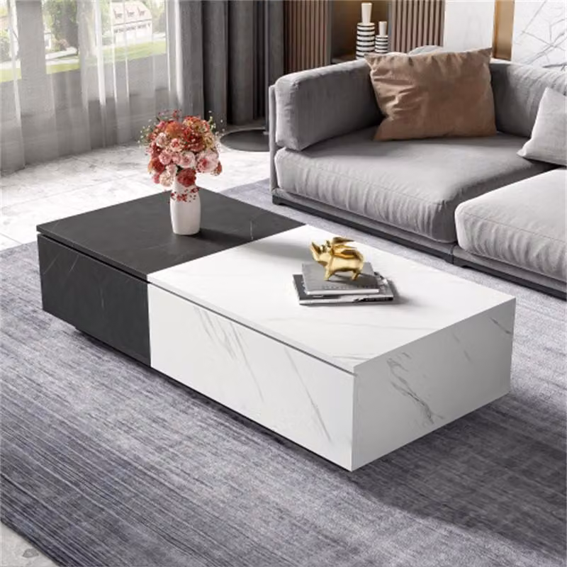Tavolino AIORBER, marmorizzato, design con due ante, cerniere a chiusura ammortizzata, ampia superficie di appoggio, per il soggiorno, 110 x 50 x 28 cm, bianco