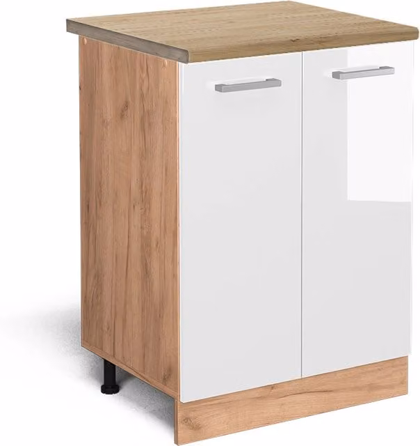 Mobiletto base cucina Vicco R-Line moderno in bianco lucido e rovere, L: 60 cm, H: 81,6 cm, P: 26,4 cm