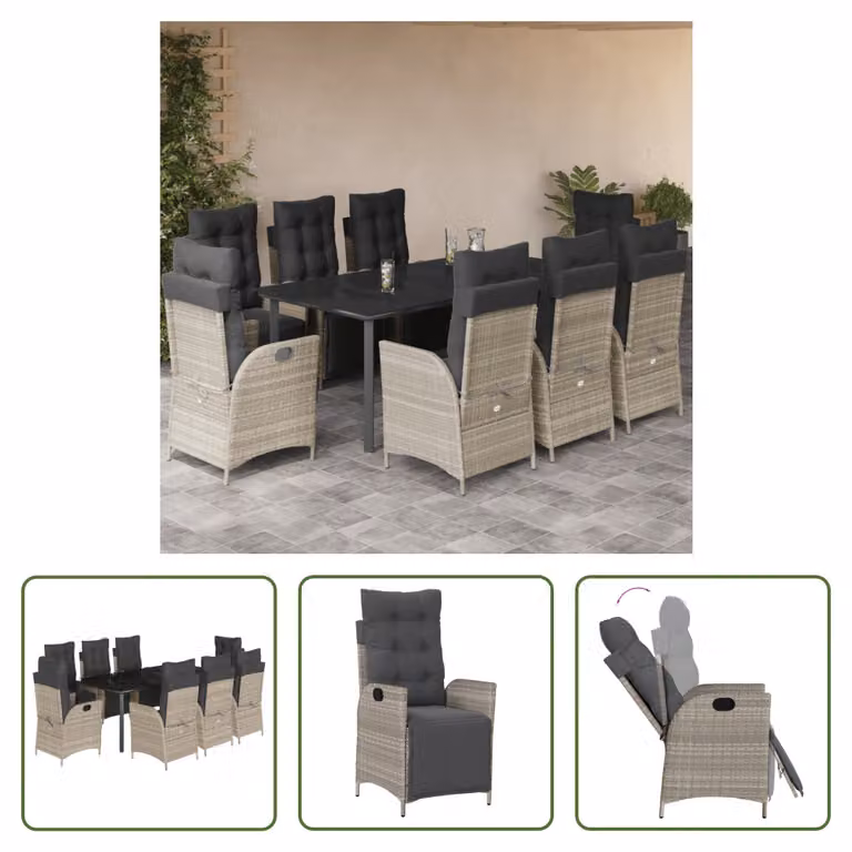 The Living Store Set da pranzo da giardino 9 pezzi con cuscini in poly rattan grigio chiaro