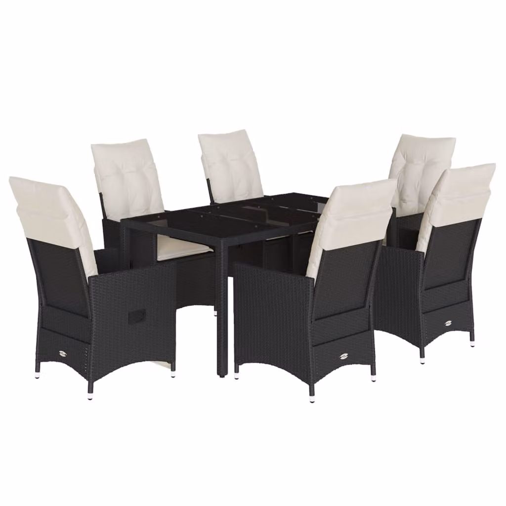 Set da Pranzo da Giardino 7 pz Nero con Cuscini in Polyrattan