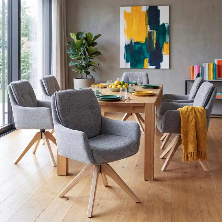 Set di 6 sedie da pranzo modello HWC-Q37, sedia girevole per cucina, rivestita in tessuto (680g/m²) tipo chenille, struttura in legno, colore grigio