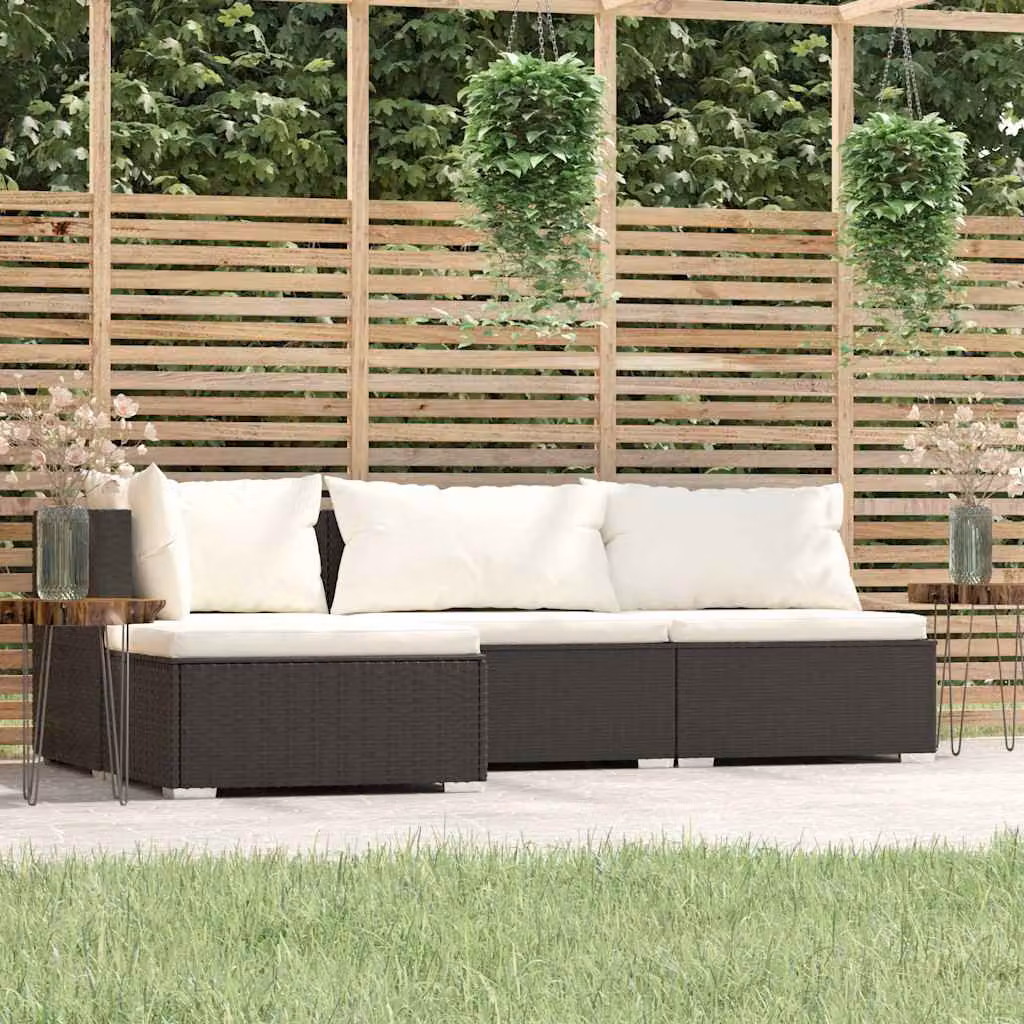 Set Divani da Giardino vidaXL 4 pz a Forma a L con Cuscini, Struttura in Metallo e Polyrattan, Colore Nero e Beige