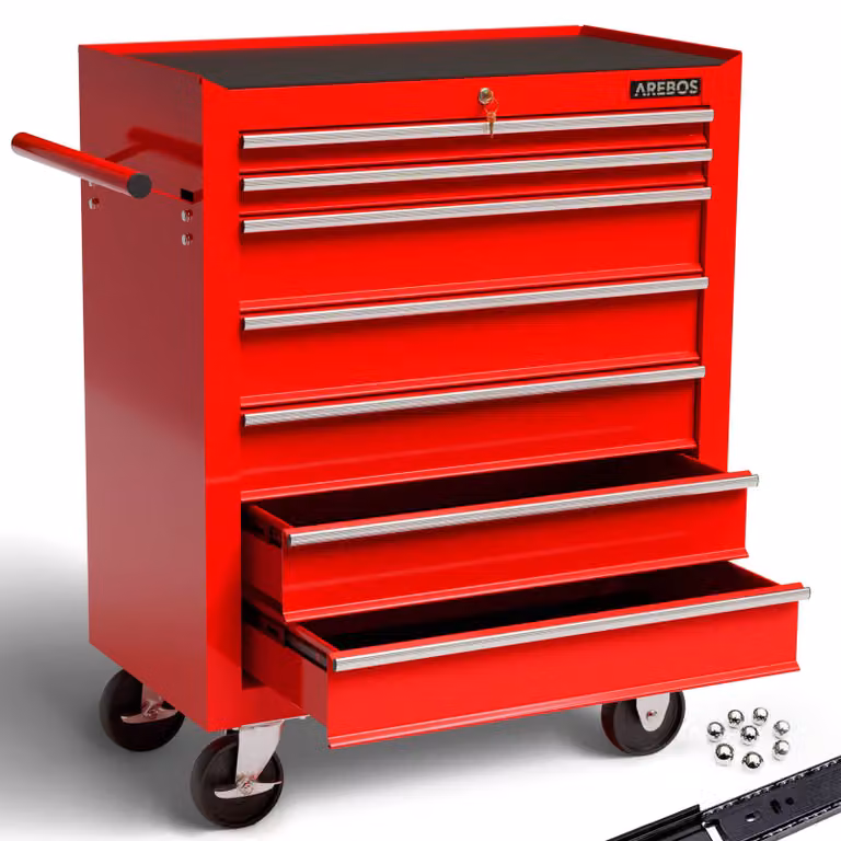 Carrello da officina AREBOS 7 cassetti | con serratura, tappetini antiscivolo, rosso
