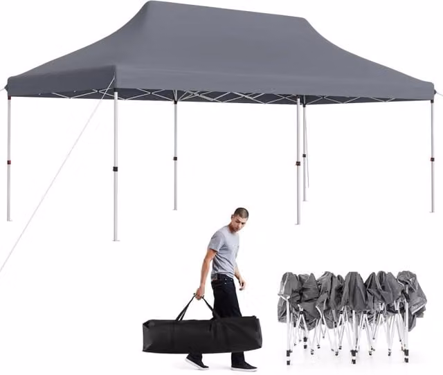 Gazebo Pieghevole da Giardino Pop-up Costway Grigio e Nero L: 600 cm, P: 300 cm, H: 316 cm con Protezione UPF 50+ e Struttura in Metallo