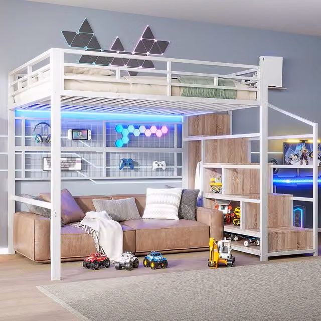 Letto mezzanino con LED 140x200cm - Xylo - bianco, armadio, griglia