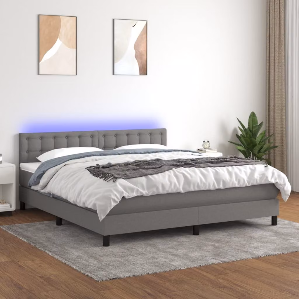 The Living Store Letto a molle con materasso e LED in tessuto grigio scuro 160x200 cm