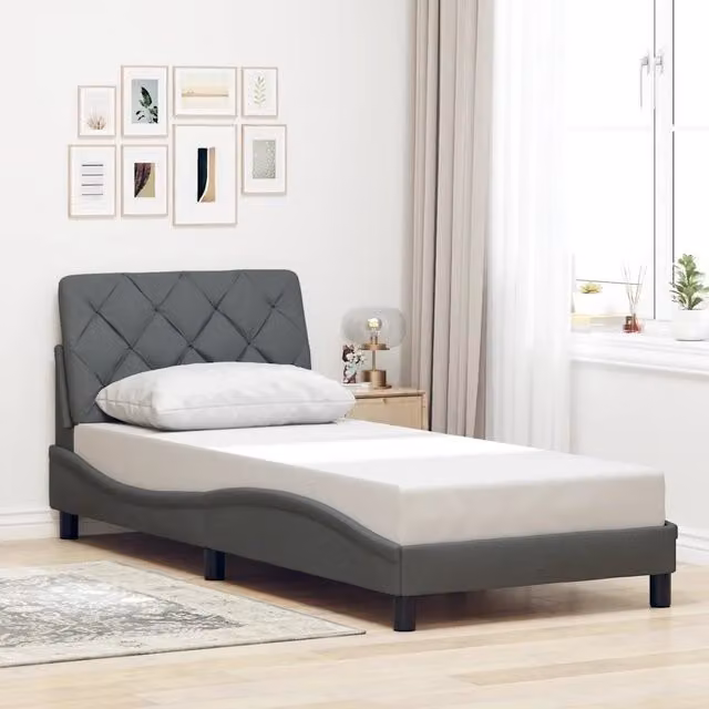 Struttura Letto Design Mania in Tessuto Grigio con Doghe in Legno, L/P/H: 90 x 200 x 35 cm – 1