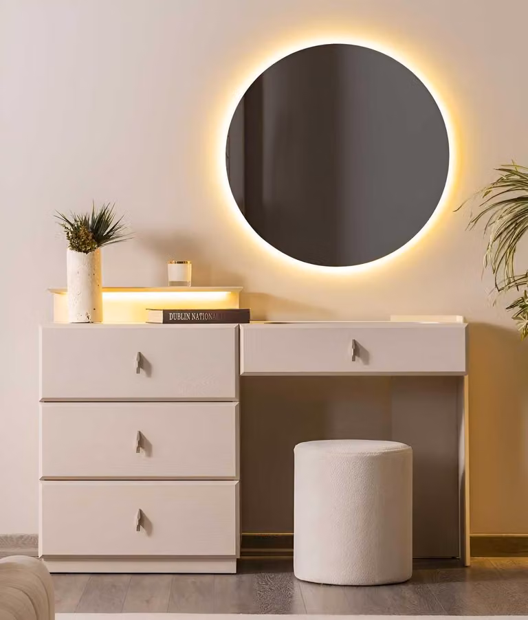 Toeletta in stile moderno, colore beige, con specchio e sgabello in legno, per camera da letto