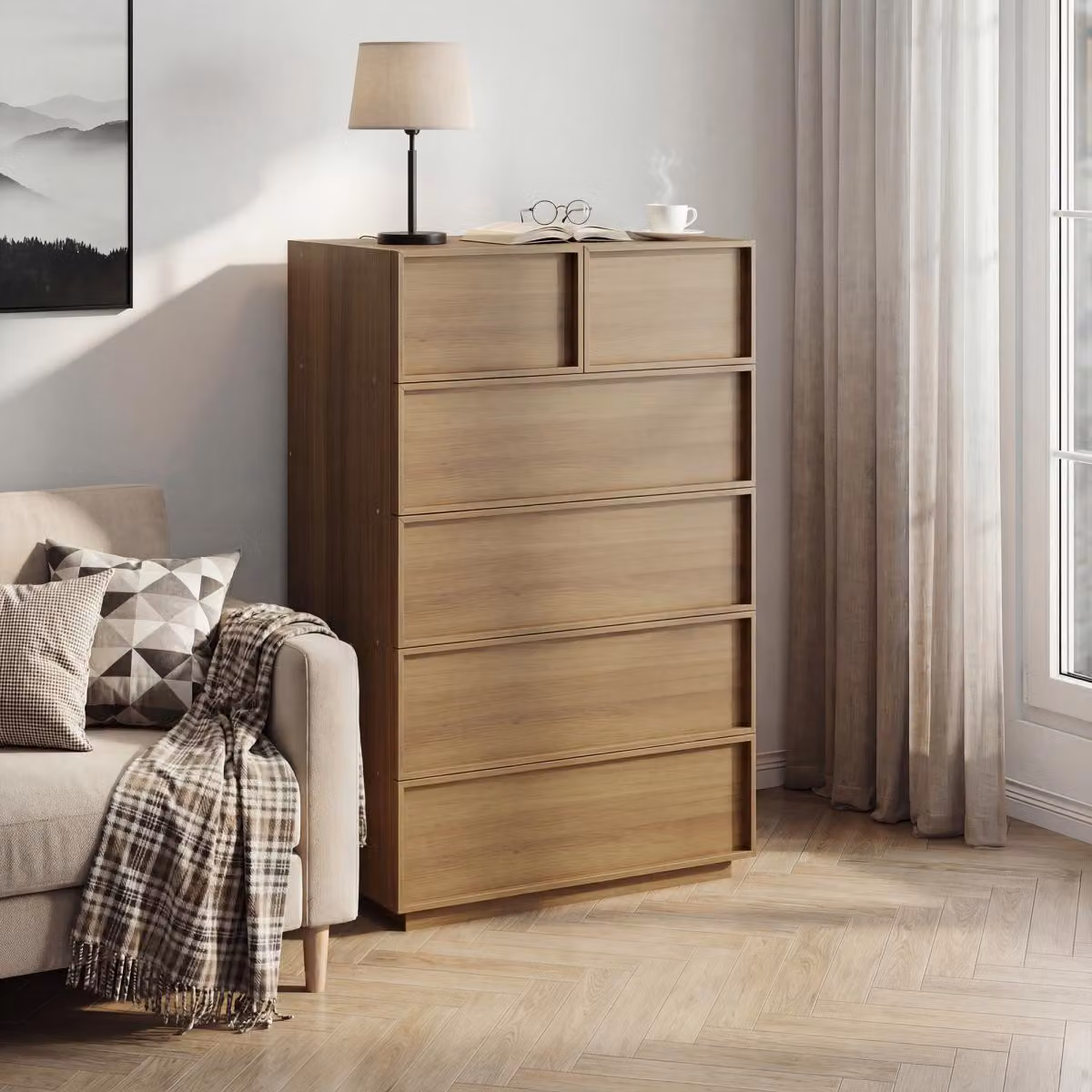 Comodà a 6 cassetti 80x48x127 cm in legno color rovere per soggiorno, camera da letto e ingresso
