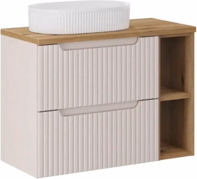 Insieme VANO cashmere e quercia 80cm : mobile sotto lavabo con cassetti e nicchie a vista + lavabo da appoggio scanalato