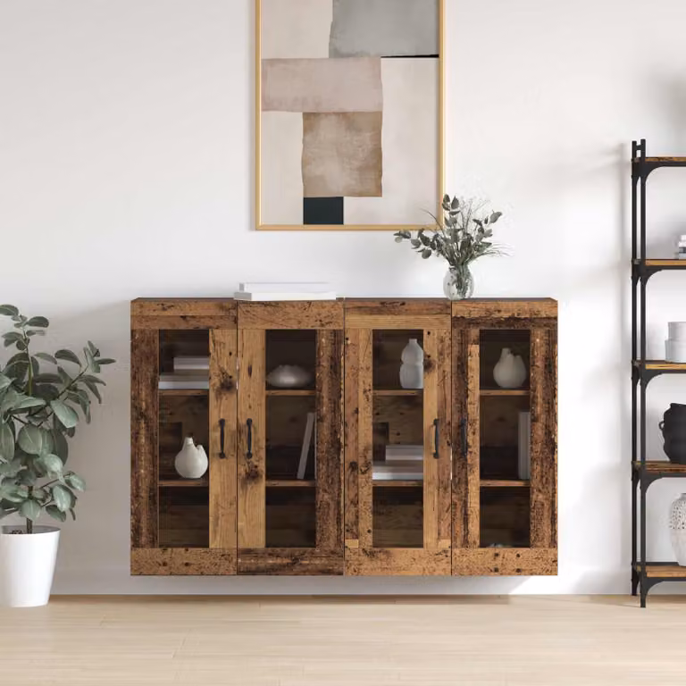 Set di 2 armadi da muro vidaXL in legno e vetro con ante in vetro, colore marrone, L: 69,5 cm, P: 34 cm, H: 90 cm