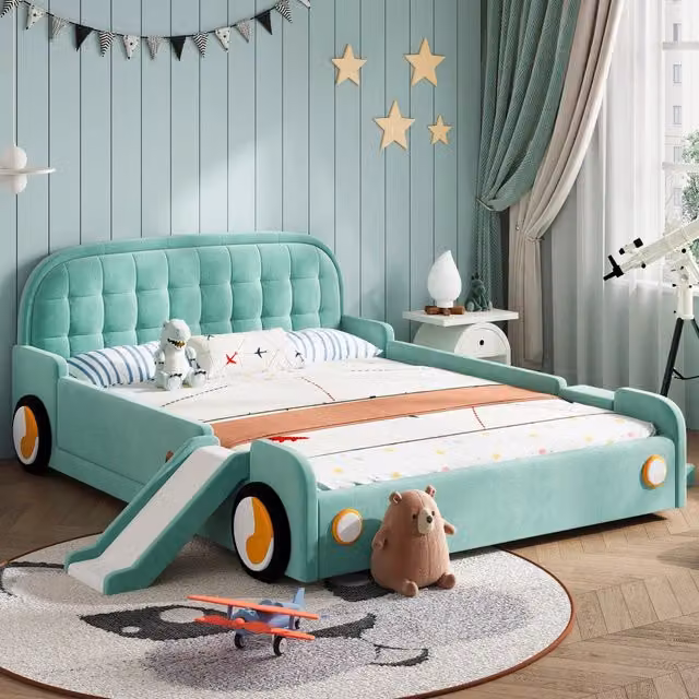 Letto macchina per bambini 140x200 cm in velluto blu-verde con scivolo e scaletta per cameretta