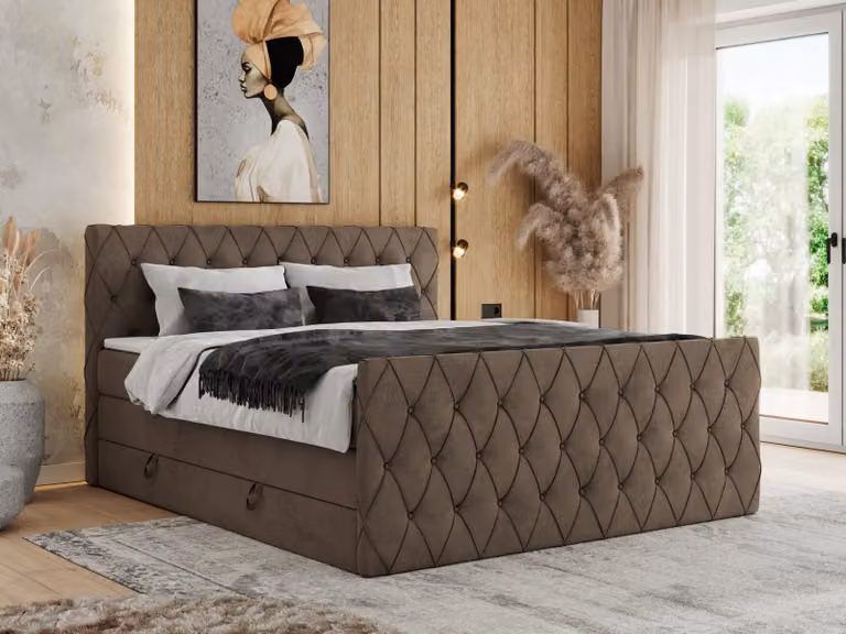 Letto con rete a molle MKS MEBLE, 180 x 200 cm, con contenitore, letto 180 x 200 cm con materasso H3, letto con rete a molle 180 x 200 cm con topper - Miren King Duo - Velluto marrone - H3