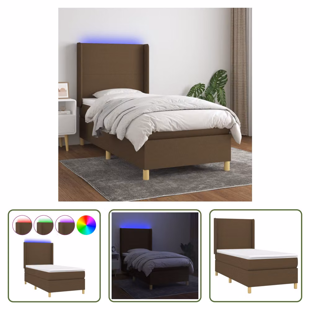 The Living Store Letto a molle con materasso e LED in tessuto marrone scuro 90x190 cm