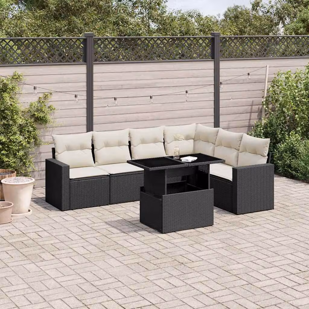 Set Divano da Giardino a L vidaXL con 7 Pezzi, Tavolino e Cuscini, Nero e Bianco – 1