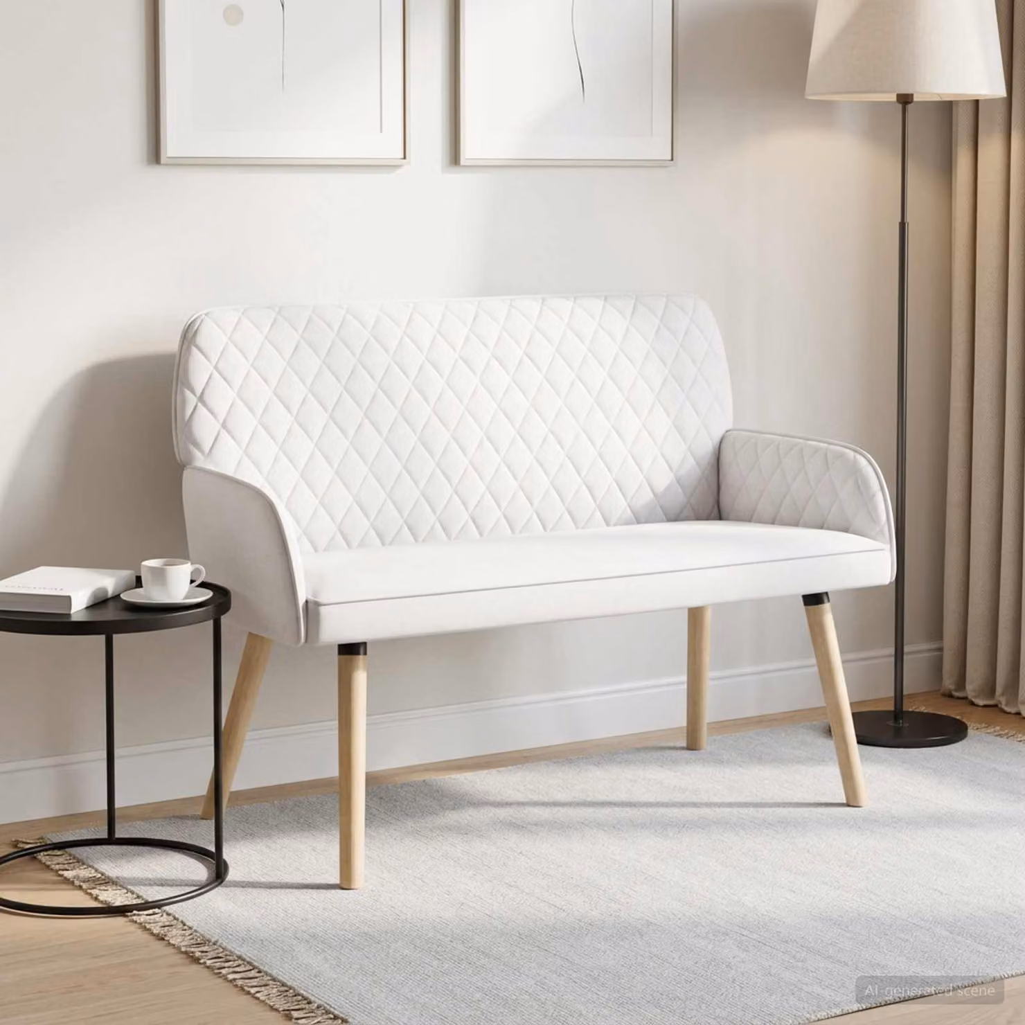 vidaXL Divano a 2 Posti Moderno in Tessuto Bianco con Gambe in Legno e Metallo L: 115 cm, P: 86 cm, H: 58 cm