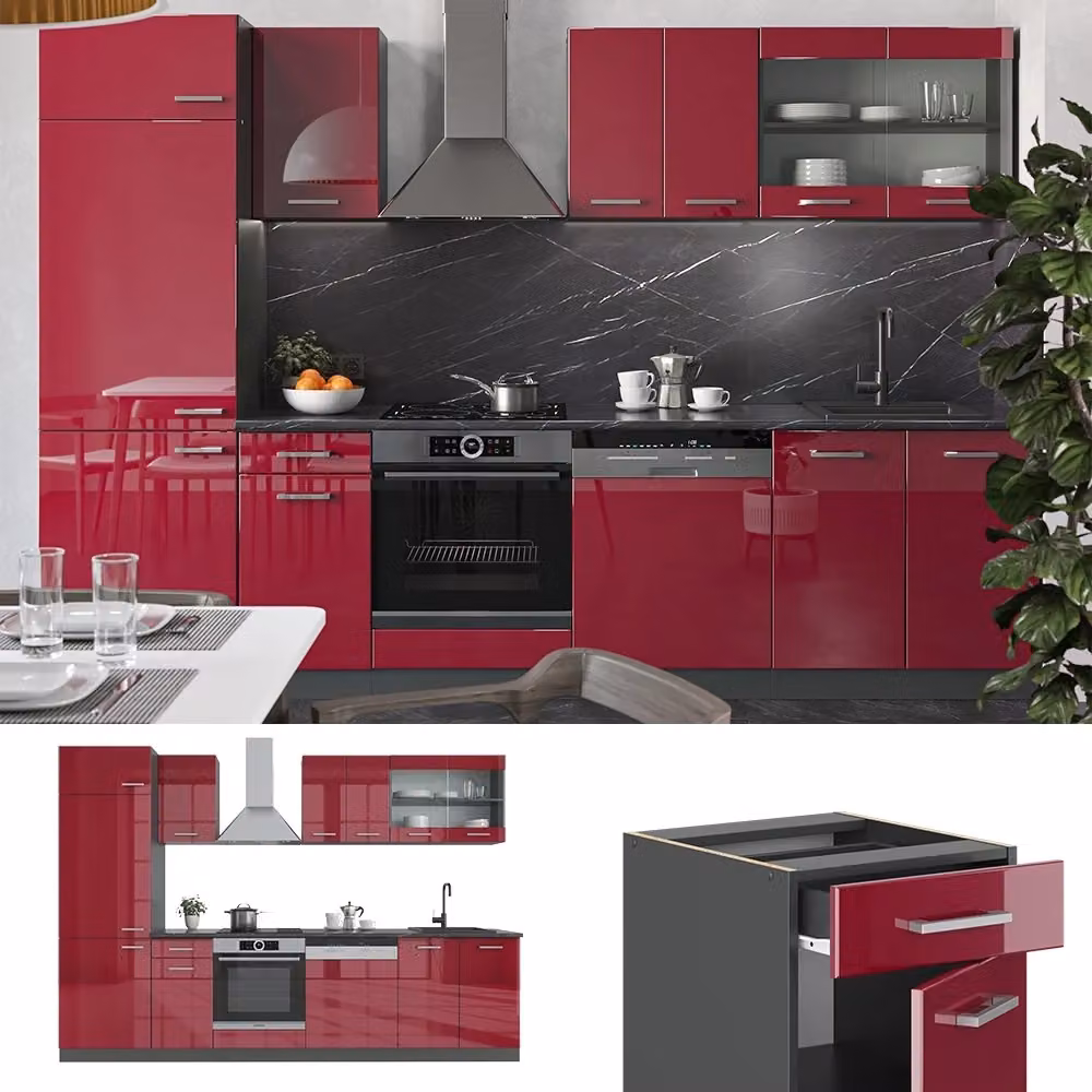 Cucina componibile moderna Vicco R-Line Rosso lucido e Antracite, L: 300 cm – 2