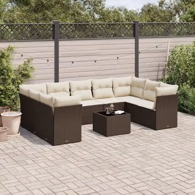 Set Divani da Giardino 10pz con Cuscini in Polyrattan Marrone 3218143