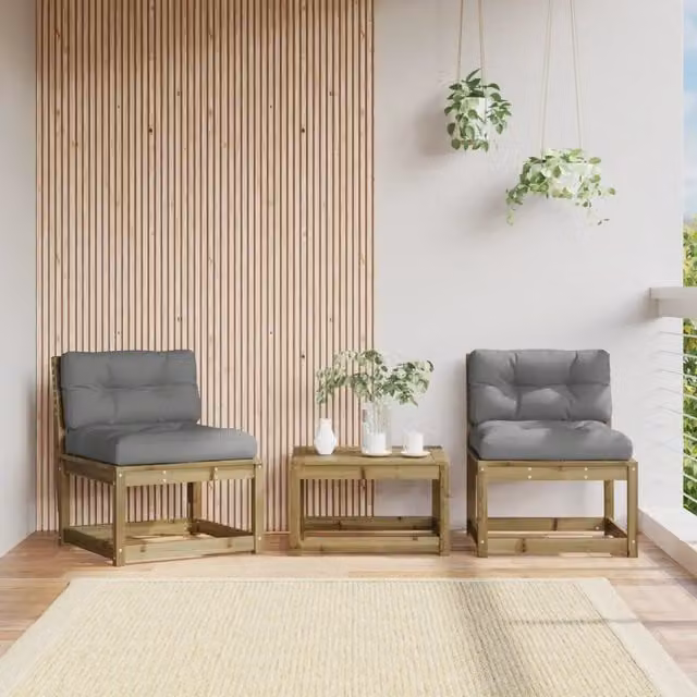 Set di 2 divani da giardino vidaXL in legno di pino impregnato con cuscini grigi stile rustico