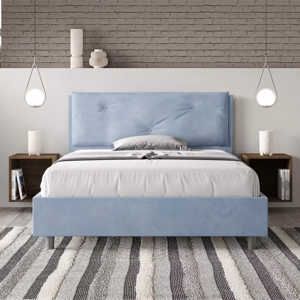 Letto Matrimoniale Francese Appia Large Giordanoshop Imbottito in Microfibra Azzurro L: 140 cm, P: 210 cm – 2
