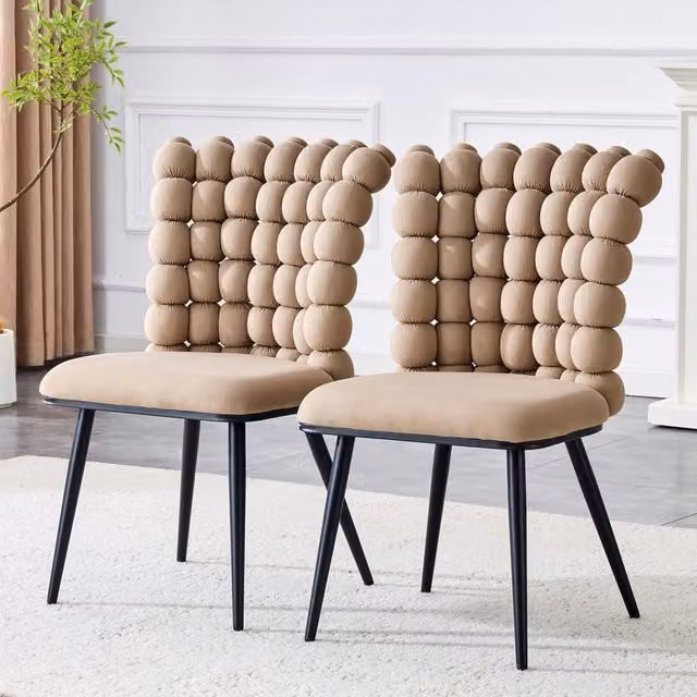 Sedia da pranzo OKWISH in velluto con schienale a catena di sfere e gambe in metallo nero, stile moderno colore beige o marrone