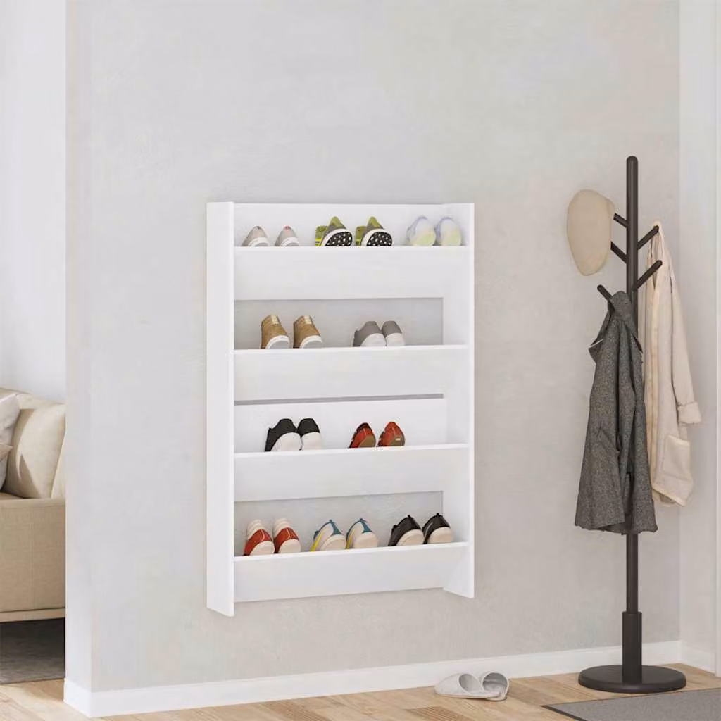 Set di 2 scarpiere da muro vidaXL bianche in legno multistrato con scomparti basculanti L: 80 cm, P: 18 cm, H: 60 cm
