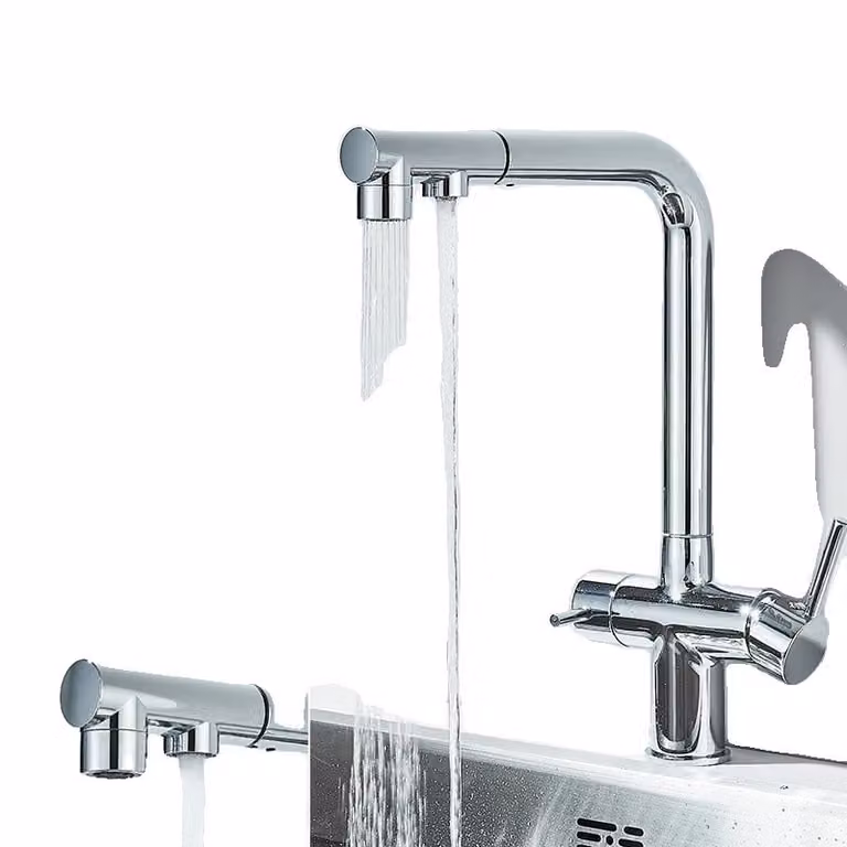 Rubinetto da cucina ad acqua filtrata, doppia maniglia, rotazione a 360°, doccetta estraibile , Cromo