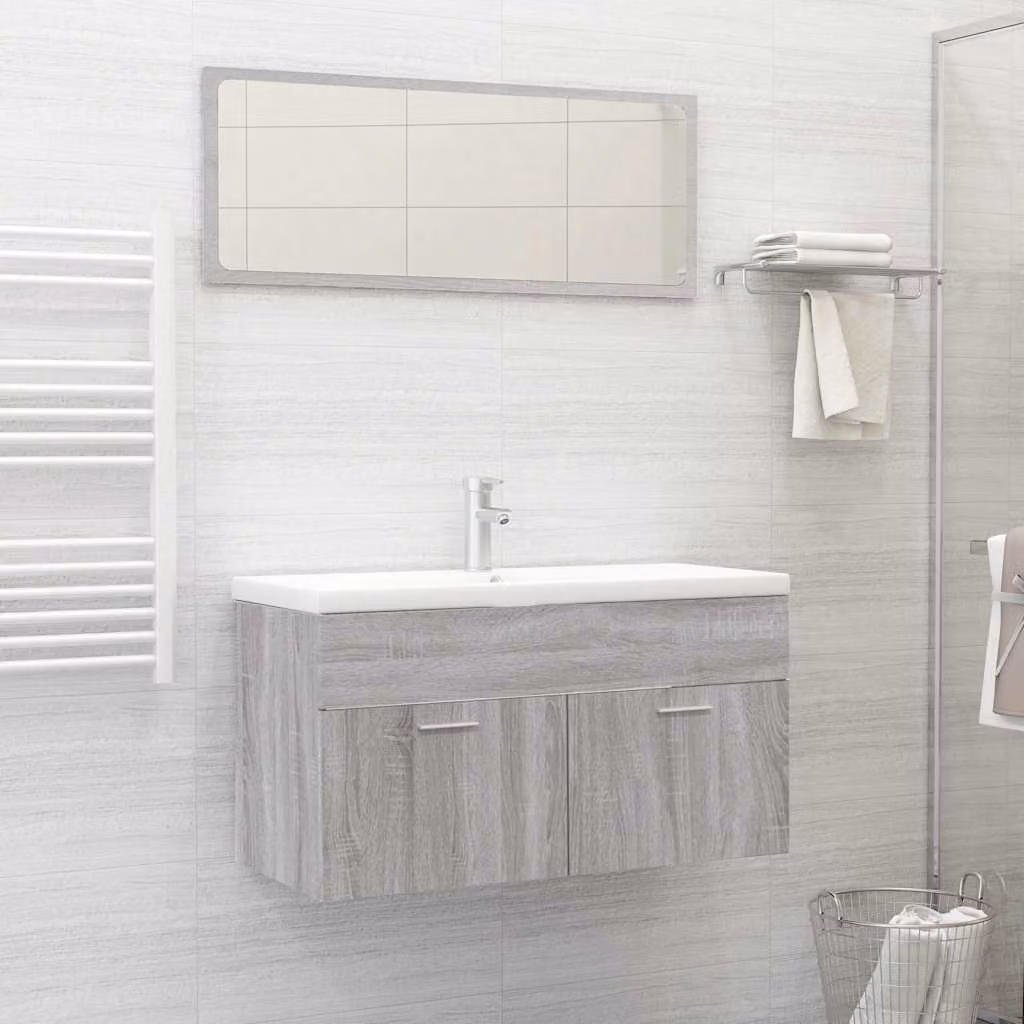 Set Mobili da Bagno vidaXL 2 Pezzi Grigio con Mobile Lavabo e Armadietto Specchio a Parete